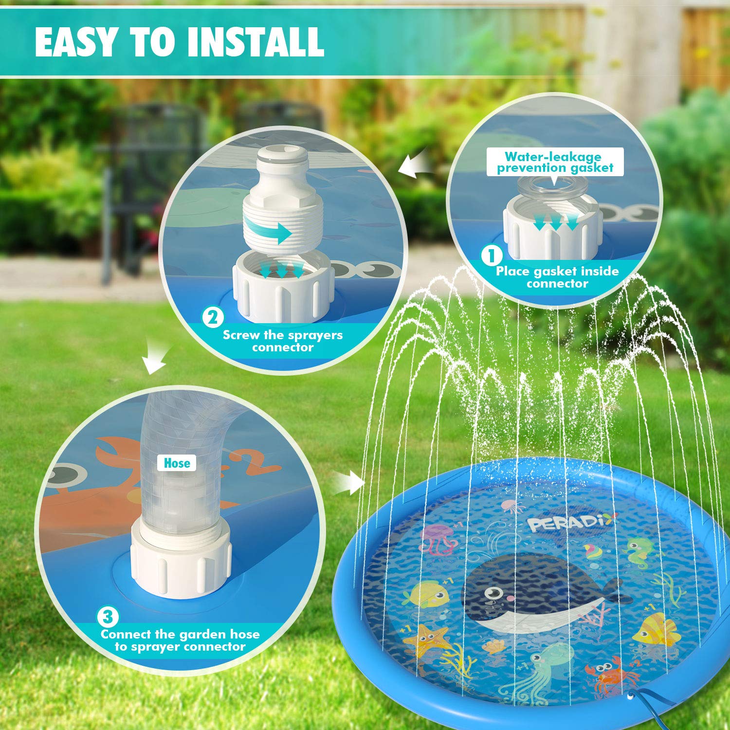 Peradix Splash Play Mat，Splash Pad,170CM Tapete de Aprendizaje para Juego Agua de Salpicaduras y PVC Salpica Almohadilla para Niños para Jardín de Verano Juguetes Acuático