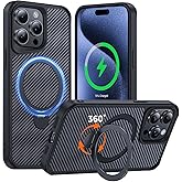 FlyReal Designed for iPhone 15 Pro Max Case with 360° Magnetic Stand, Carbon Fiber Phone Case [Compatible with Magsafe] [16FT Military Protection] with Stand Ring 6.7'', Black