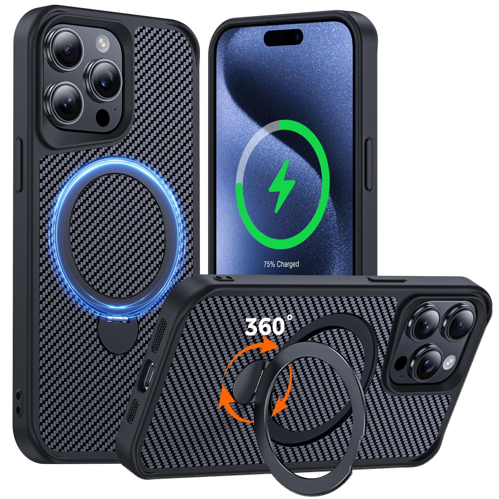 FlyReal Designed for iPhone 15 Pro Max Case with 360° Magnetic Stand, Carbon Fiber Phone Case [Compatible with Magsafe] [16FT Military Protection] with Stand Ring 6.7'', Black