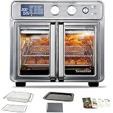 TomaChef 26QT French Door Air Fryer Oven Combo, 15-in-1 | 15 Cooking Functions and Digital Controls, 4 Accessories &amp; Recipes, Stainless Steel Finish