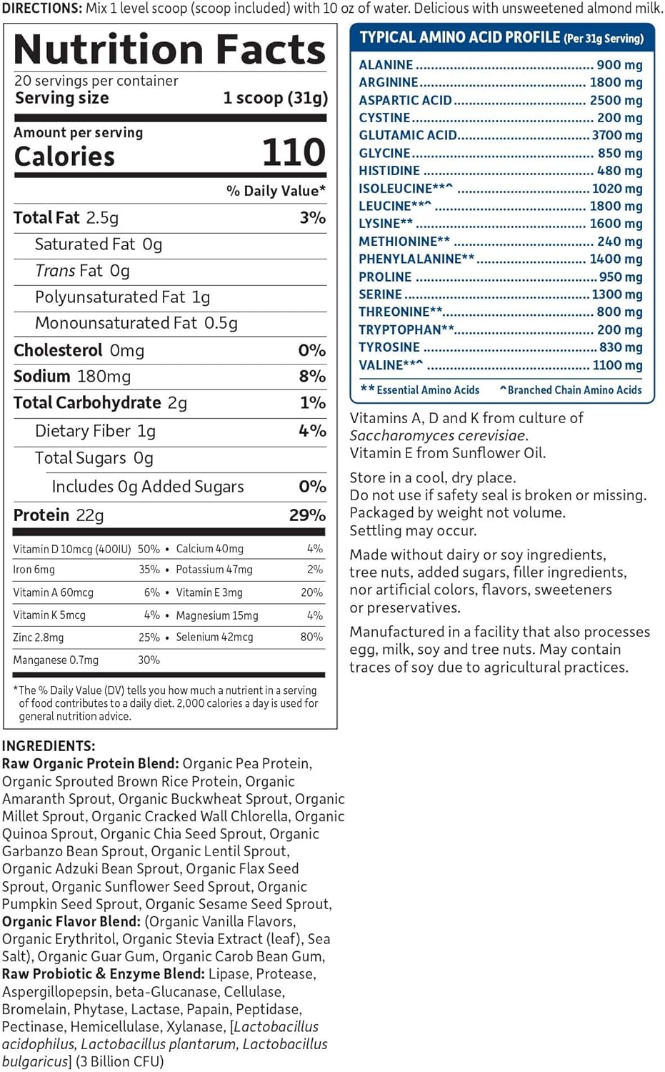 Garden of Life Raw Organic Protein Vanilla Powder, 20 Servings: Certified Vegan, Gluten Free, Organic, Non-GMO, Plant Based Sugar Free Protein Shake With Probiotics & Enzymes, 4g BCAAs, 22g Protein: Health & Personal Care