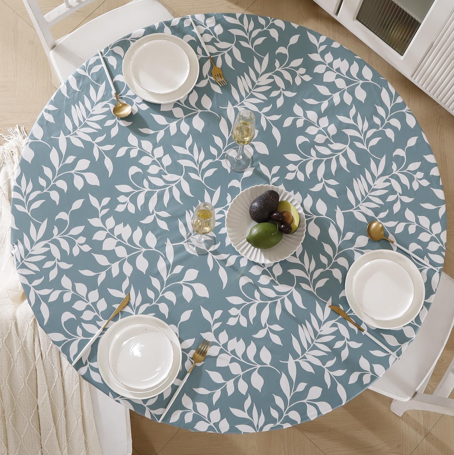 Photo 1 of Round Vinyl Fitted Tablecloth with Flannel Backing Elastic Edge Design Table Cover Waterproof Oil-Proof PVC Table Cloth Stain-Resistant Wipeable for Round Table