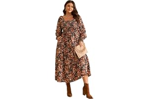 RWJ Women's Plus Size Fall Dress Long Sleeve Square Neck Floral Print Smocked A Line Boho Flowy Maxi Dresses with Pockets