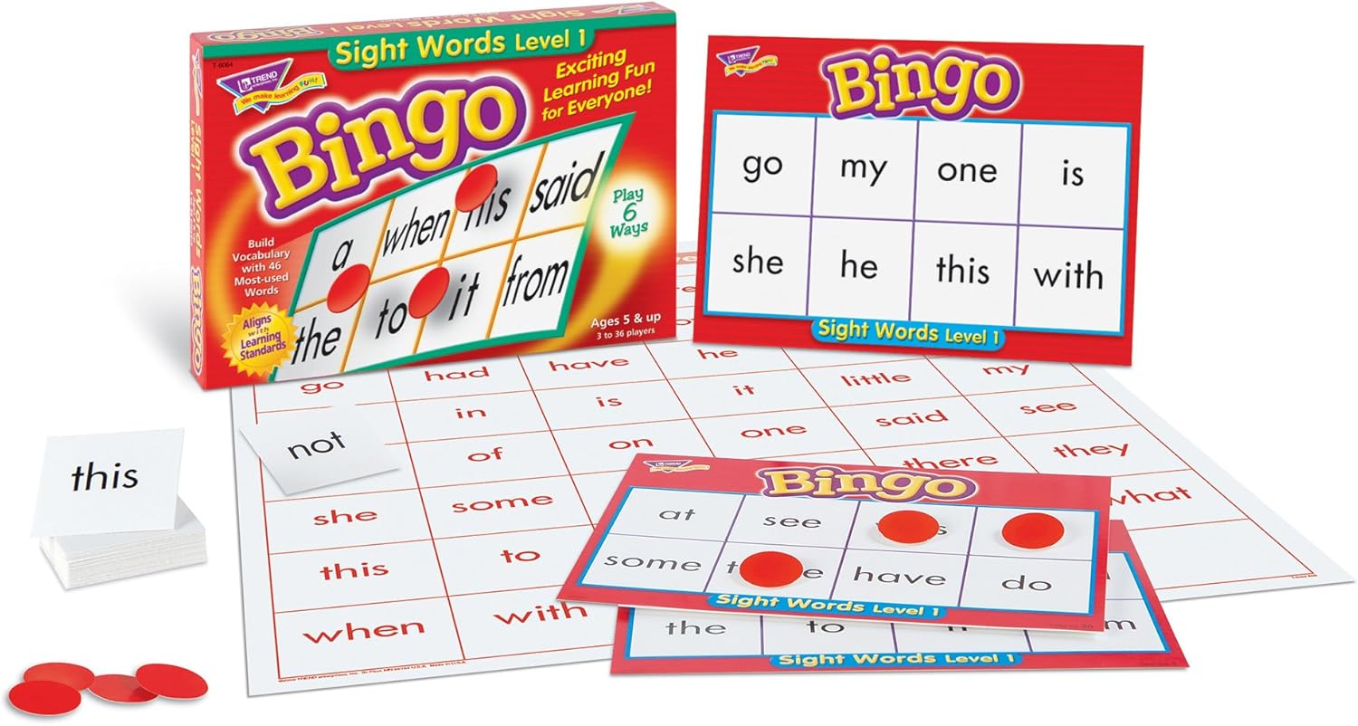 Sight Words Bingo - Language Building Skill Game for Home or Classroom (T6064), Build Vocabulary with 46 Most-Used Words, 3 - 36 players, Age 5 and up, Cover the Spaces Needed to Win & Call Bingo: Toys & Games