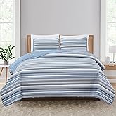 Market & Place 3 Piece Reversible Quilt Set with Shams | All-Season Soft & Lightweight Bedspread with Modern Striped Pattern | Elise Collection (King, Blue/Grey)