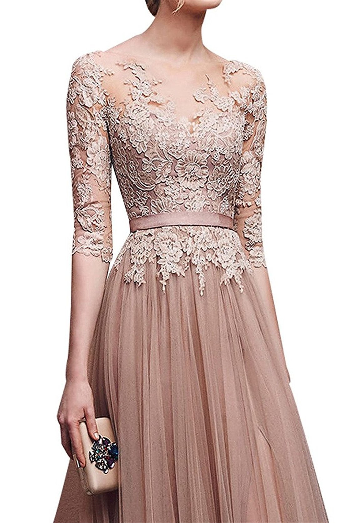 Lily Wedding Womens 3/4 Lace Tulle Prom Dress Aline Evening Dress With Slit