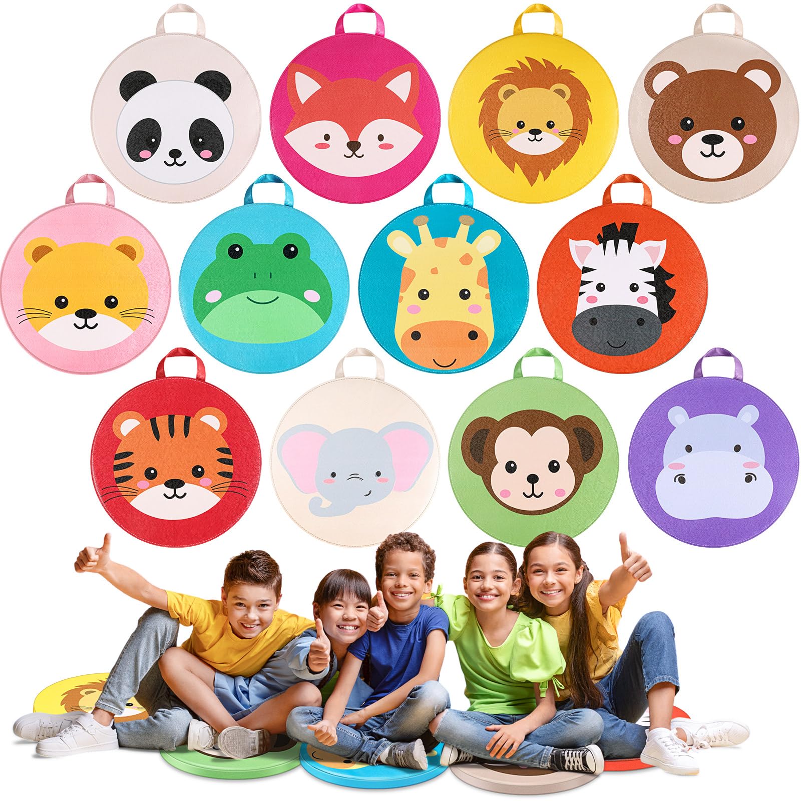 Photo 1 of Suzile 12 Pcs Cartoon Kids Floor Cushions for Classroom, Round Flexible Seating with Handle, Soft Waterproof Floor Pillow with Cute Animals Patterns for Home Daycare Preschool Kindergarten, 12 Styles