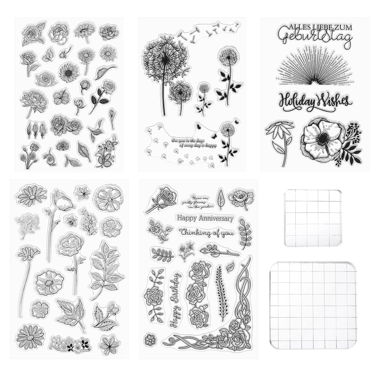 PATIKIL Silicone Stamps and Acrylic Stamp Blocks Tool, 7Pcs Flowers Clear Stamp with Grid Lines for Card Making Scrapbooking DIY Decoration