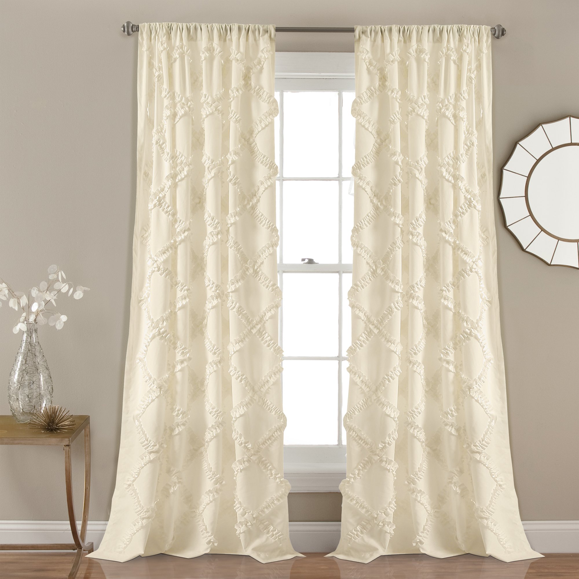 Photo 1 of Lush Decor, Ivory Ruffle Diamond Curtains Textured Window Panel Set for Living, Dining Room, Bedroom (Pair), 84” x 54, 2 Count