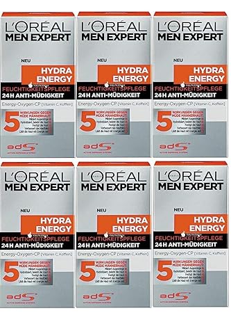 6x 50ml L'oréal Men Hydra Energy Feuchtigkeitspflege 24h Expert Anti-Müdigkeit