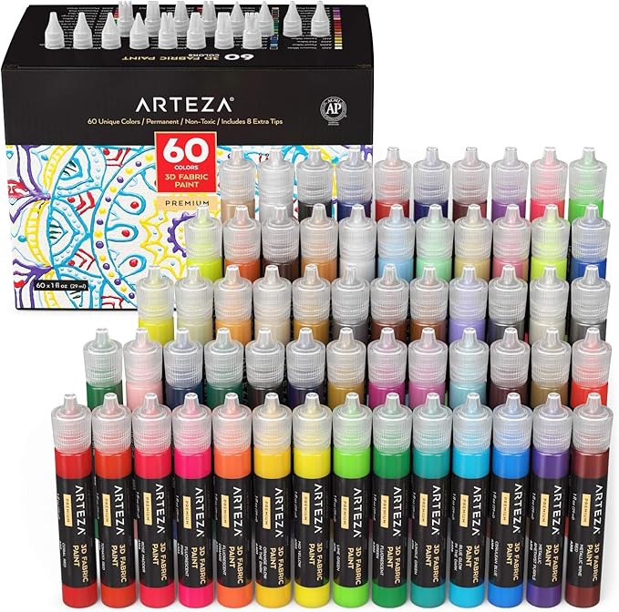 Arteza 3D Fabric Paint, Set of 60, Metallic & Glitter Colors, 1oz Tubes