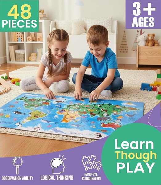 FLOOR PUZZLES FOR KIDS AGES 3-5 4-6 EDUCATIONAL 48 PIECE ANIMALS OF THE WORLD WITH 2 GIANT COLORING POSTERS PRESCHOOL LEARNING TOY GEOGRAPHY CONTINENTS OCEANS FUN GIFT SCREEN FREE FAMILY PLAYTIME