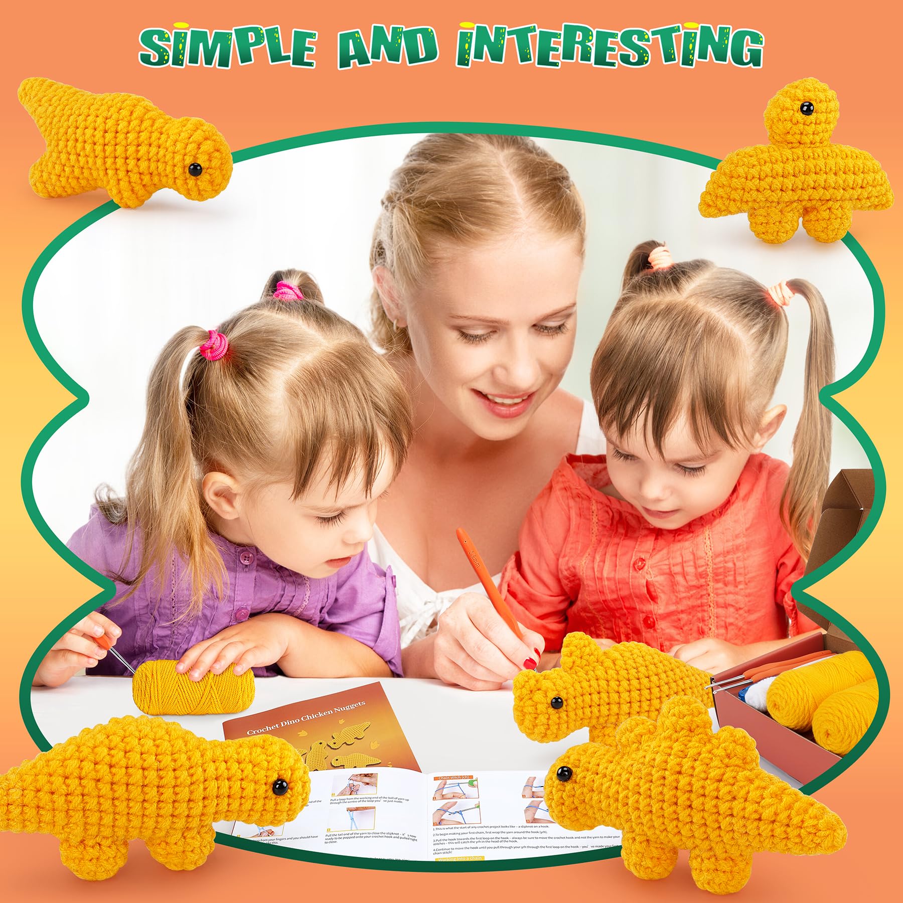 Crochet Kit for Beginners - 5 PCS Dinosaur Chicken Nuggets Set With Step-by-Step Video Tutorials for Adults Kids
