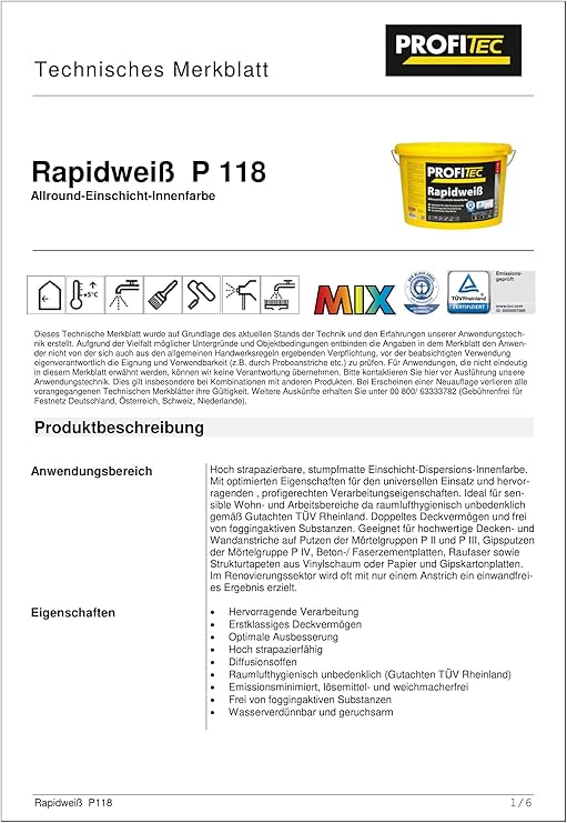 Profitec P118 Rapidweiss Profi Wandfarbe Innenfarbe Matt Hohe Deckkraft 12 5 Liter Weiss Amazon De Baumarkt