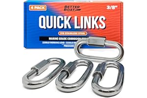 BETTER BOAT 316 Stainless Steel Locking Chain Link, Threaded Quick Link Chain Connector Clips, Heavy Duty D Shape Quicklinks, 1/2", 3/8", 5/16", 1/4" Small Sizes, Marine Grade, 4 Pack Safety Links 3/8"