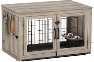 Piskyet Wooden Dog Crate Furniture with 360°Rotatable Removable Dog Bowls, Dog Crate End Table with Tray, Double Doors Dog Kennels for Large Dogs Indoor (L:37.7L*25.1W*26.1H, Gray)