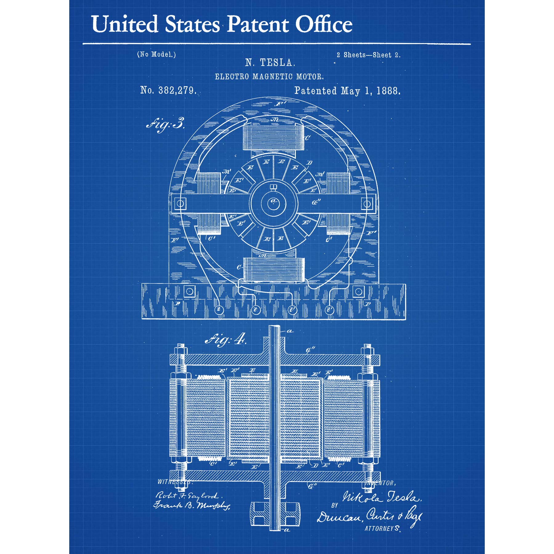 Artery8 Tesla Electro Magnetic Motor 1888 Vintage Side Patent Premium Wall Art Canvas Print 18X24 Inch