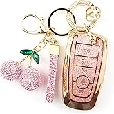 Rayslesan Sparkly Key Fob Cover with Cherry Keychain, Bling TPU Smart Key Case for Women, Compatible with Ford Fusion Mustang Ranger Explorer Expedition Lincoln Aviator Corsair (5-Button, Gold Pink)