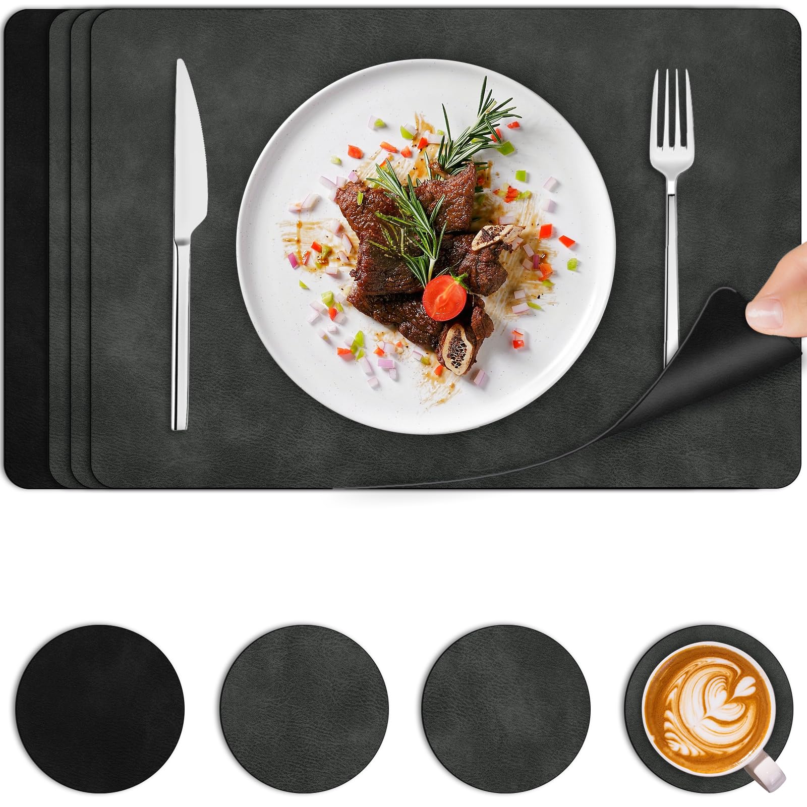 BEIJIE Placemats and Coasters Set 4, Faux Leather Dual Sided Table Mats Heat-Resistant, Washable Wipeable Place Mats for Table, Cowhide Grain Non-Slip Placemats for Home Restaurant(Dark Grey & Black)