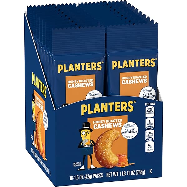PLANTERS HONEY ROASTED & SALTED CASHEWS, 1.5 OUNCE (PACK OF 18)