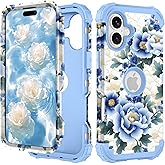 PIXIU Unique Flower Pattern Compatible with iPhone 16 6.1 inch case, Heavy Duty Dual Layer Shockproof Full-Body Protective Sturdy Hybrid Cute Rugged Case for Women,Girls,Kids-Blue Peony