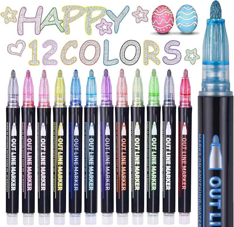 Maqhpu Glitter Outline Pen Set for Kids 12 Metallic Pens Arts Crafts