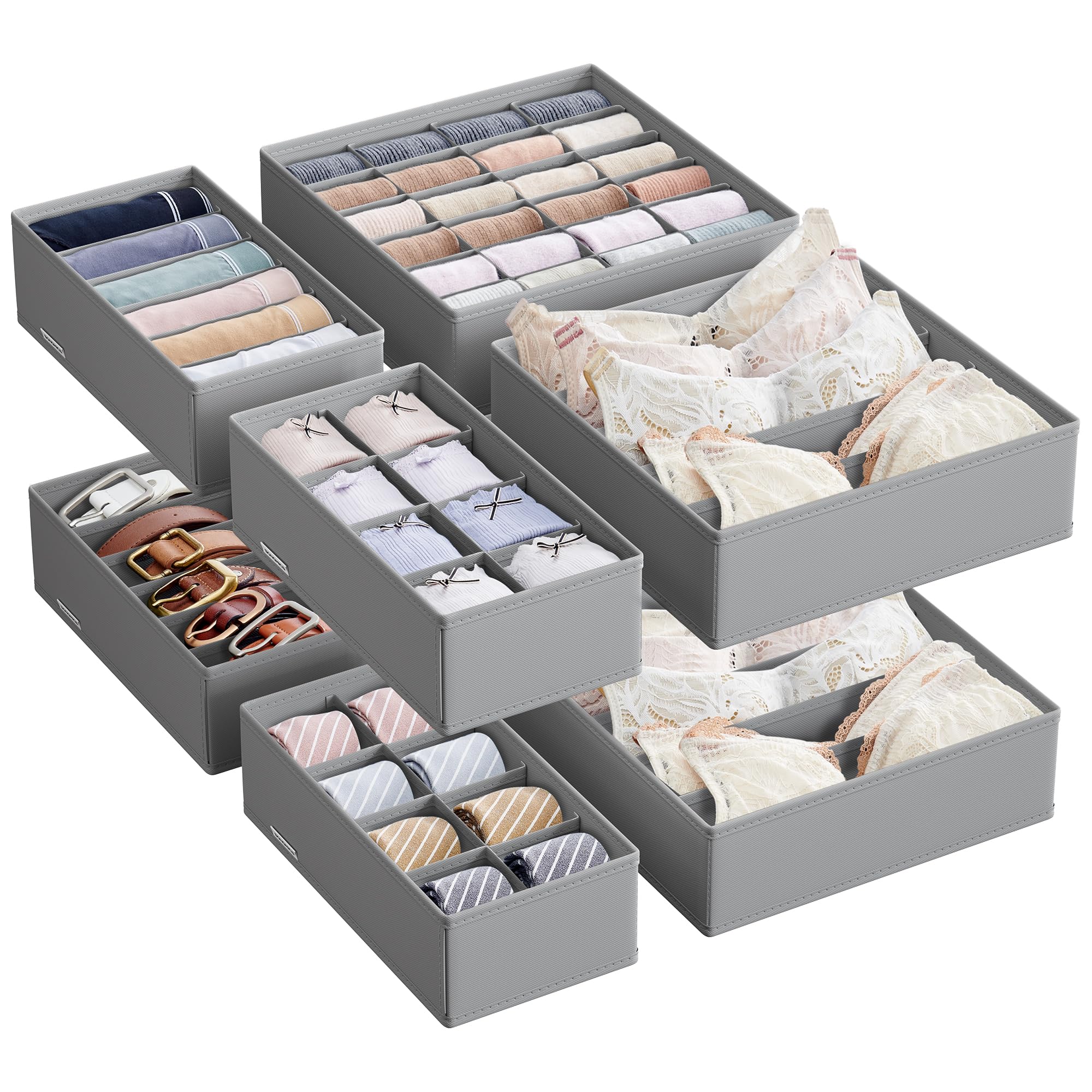 SONGMICS 8 Drawer Dividers, Foldable Underwear Organizer for Bras, Panties, Socks and Ties, Fabric Storage Boxes for Wardrobes, Dove Grey RUS008G01