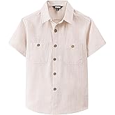 JOGAL Boys Chambray Shirts Short Sleeve Button Down Casual Cotton Woven Shirt with Two Pockets for Kids 6-14 Years