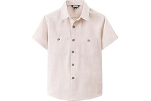 JOGAL Boys Chambray Shirts Short Sleeve Button Down Casual Cotton Woven Shirt with Two Pockets for Kids 6-14 Years