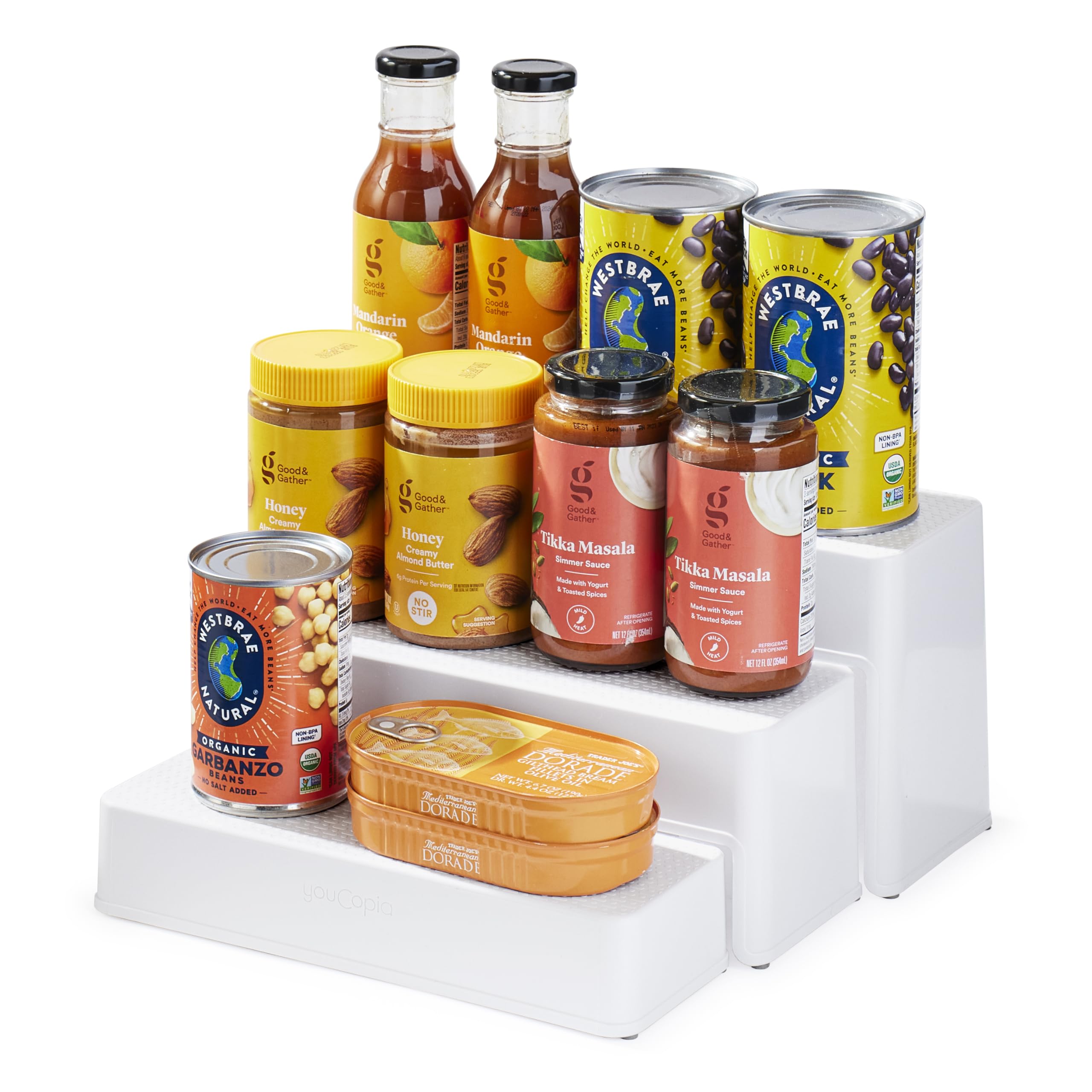 YouCopia ShelfSteps Tin Can Organiser, Adjustable 3-Shelf Pantry and Kitchen Cupboard Organiser