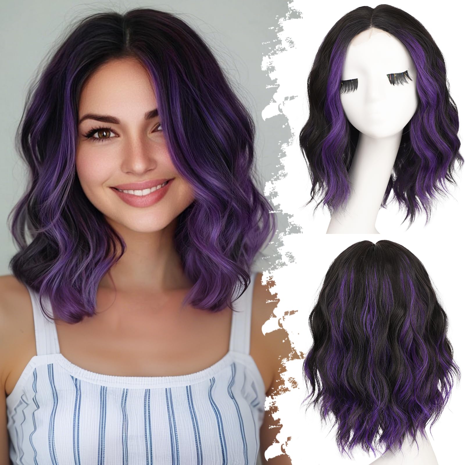 Photo 1 of Eawwii Black Mix Purple Short Wavy Wig for Women Lace Hairline Bob Style Synthetic Heat Resistant - Natural Appearance for Everyday Hairstyle 14 Inch