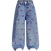 WDIRARA Toddler Girl's Cute Cherry Embroidery Baggy Jeans Wide Leg Denim Pants