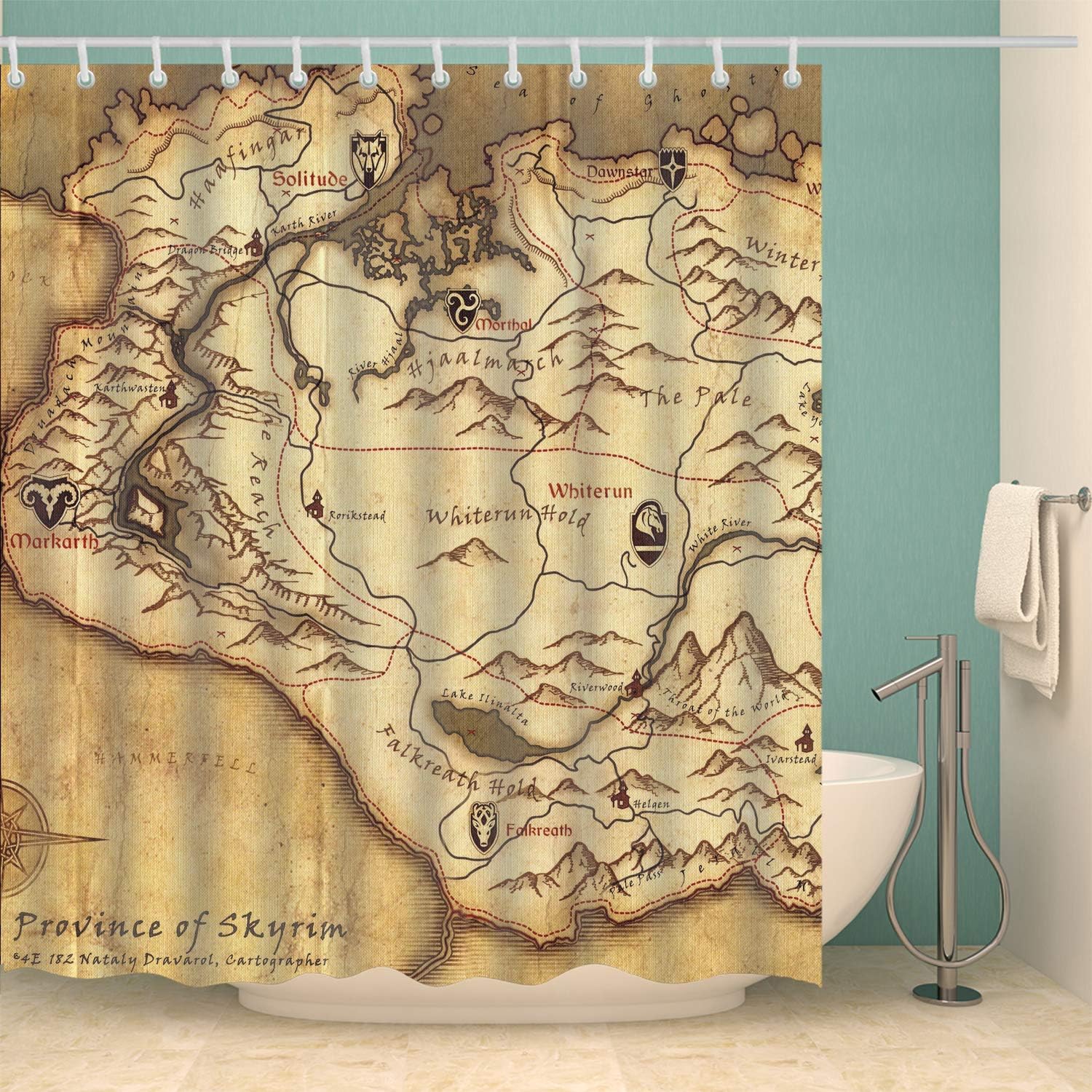 COLORPAPA Game Decorative Shower Curtain an Old Yellow Map from Province of Skyrim Nostalgic Waterproof Polyester Fabric Bath Curtain with 12pcs Hooks