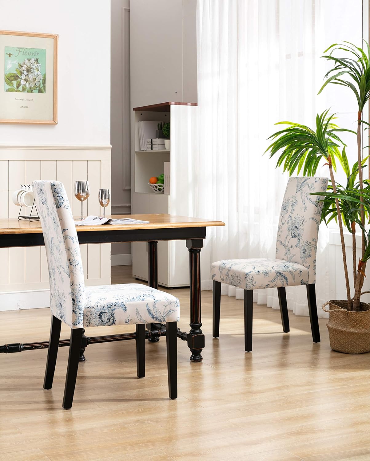 DininL Fur Dining Chair Kitchen Chairs Set of 2 Modern Dining Room Side Chairs Fabric Cushion Seat Back with Nailhead Trim (Flowers) - Chairs