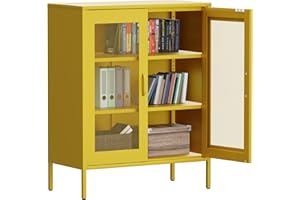 COFaR Yellow Metal Cabinet,Metal Locker Storage Cabinet with Mesh Doors and Shelves,3-Tier Office Cabinet,Metal Storage Cabinet,Liquor Cabinet,Sideboard for Home Office,Kitchen,Coffee Bar