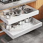 Seinloes 2 Pack Expandable Pull Out Cabinet Organizer 21"Deep With Raising Pad for Framed Cabinets,Upgrade 3 Slide Rails Slide Out Drawers,Roll Out Shelves Adhesive,Adjustable Width 15.15"-26.3" White