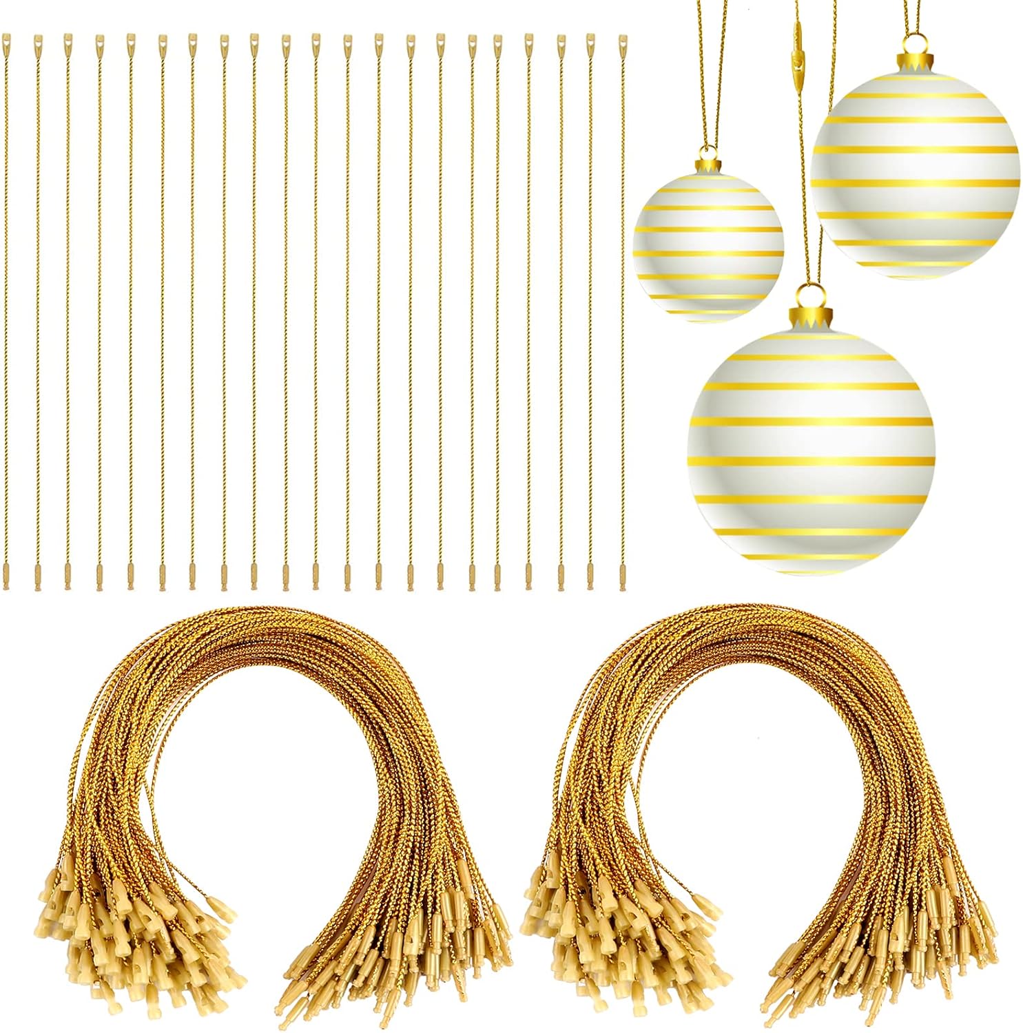 Ornament Hooks - XIMISHOP 200PCS Golden Christmas Ornament Hangers String, Christmas Ribbon Ornament Hook Ropes Hanging String Precut with Snaps Locking for Xmas Tree Ornament Decorations