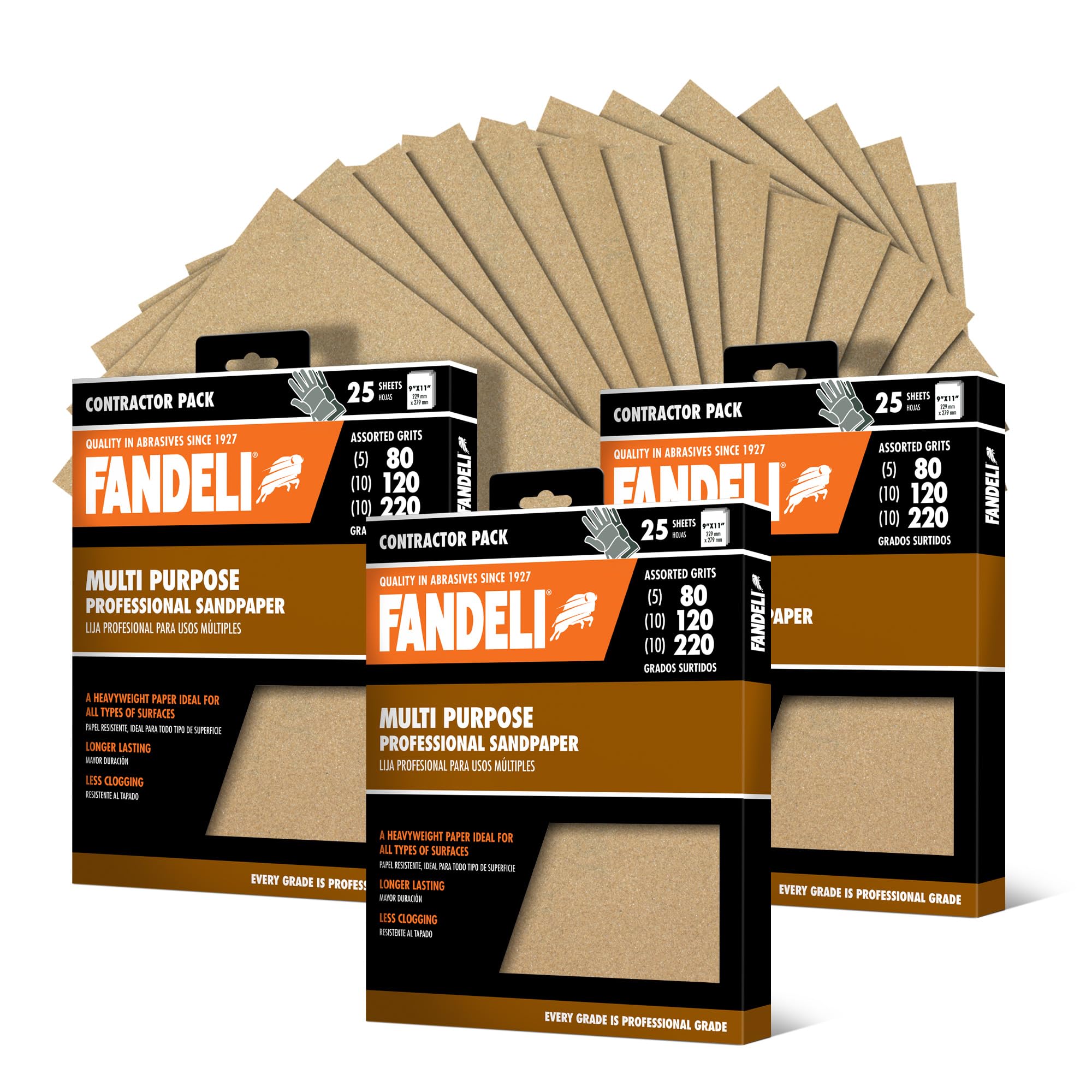 Fandeli | Multi-Purpose Sanding Paper | Assorted Grits (80,120,220) | 75 Sheets of 9'' x 11'' | Perfect for Sanding Metal and Sanding Wood | Hand Sanding | Orbital Sanders