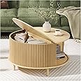 JOINICE,Round Coffee Table with Storage,Fluted Coffee Table for Living Room,Home Small Space,Small Center Tables with Sliding Cabinet Door,31.5",Oak