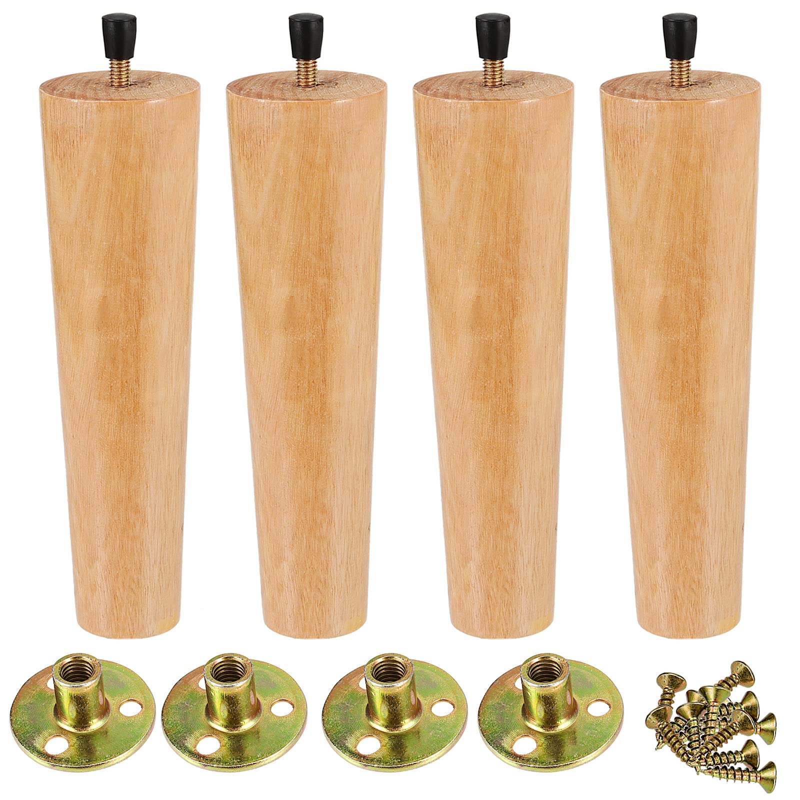 HEIHAK 4 Pack 20cm / 8 inch Wooden Furniture Legs, Solid Wood Sofa Legs, Wood Sofa Replacement Furniture Feet with Mounting Plates, Screws and Non-Slip Pad for Table, Couch, Bed, Ottoman