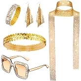 Sasylvia 5 Pcs 70s Disco Accessories Halloween Women Costume | 70s Disco Outfit Accessories Inclued Jewelry Sequin Scarf Earrings Sunglasses Bracelet Headband