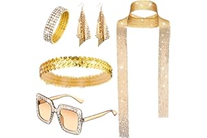 Sasylvia 5 Pcs 70s Disco Accessories Halloween Women Costume Jewelry Sequin Scarf Earrings Sunglasses Bracelet Headband