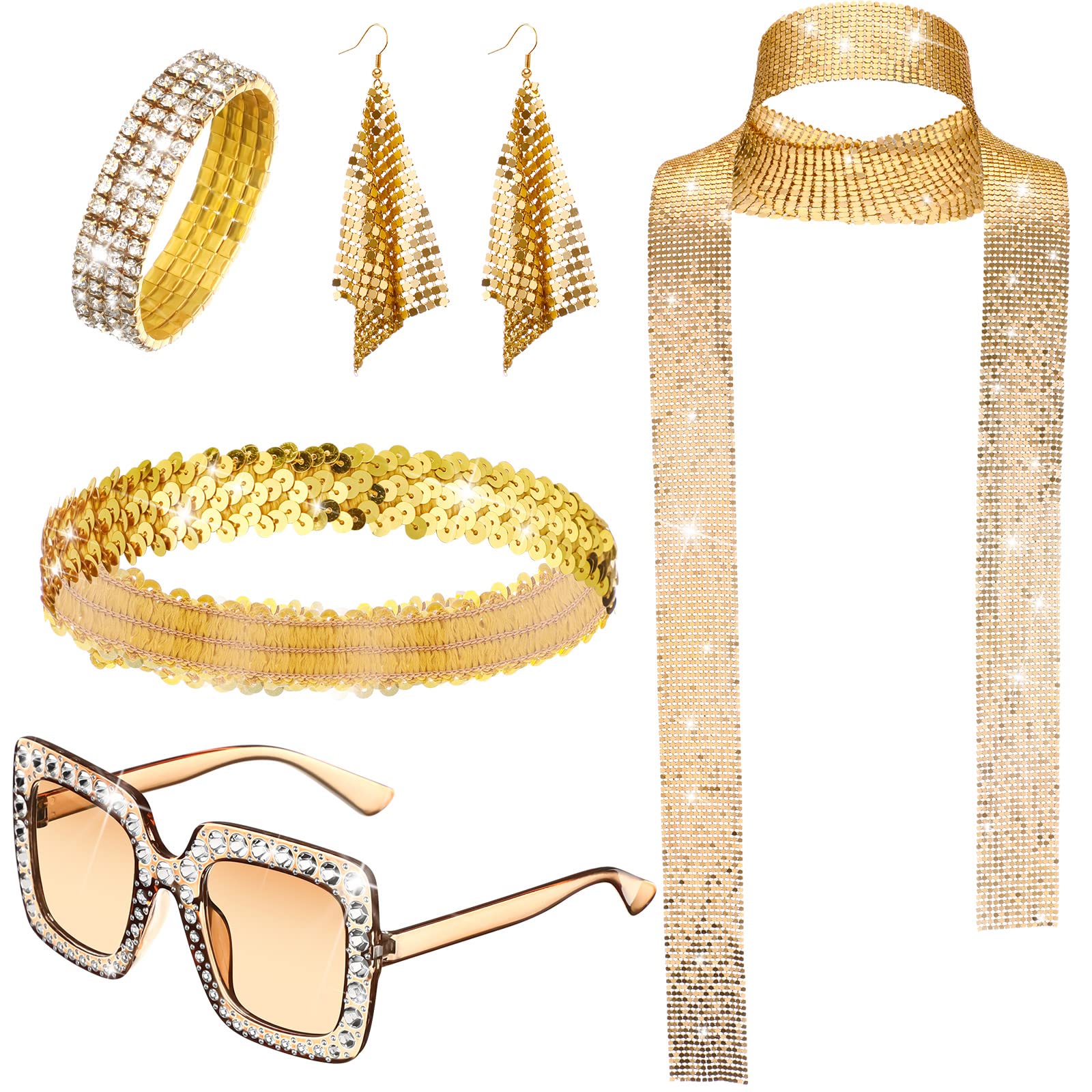Photo 1 of Sasylvia 5 Pcs 70s Disco Accessories Halloween Women Costume Jewelry Sequin Scarf Earrings Sunglasses Bracelet Headband(Gold)