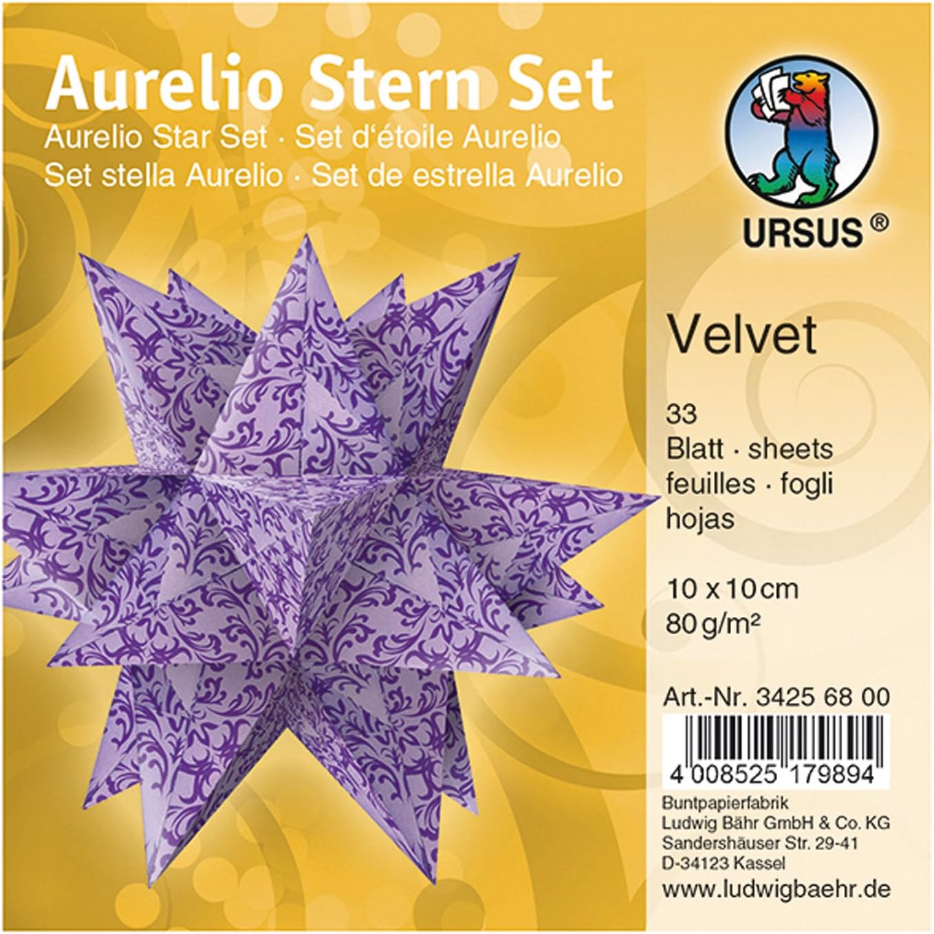 Ursus Aurelio 34256800 Folding Sheets Star Velvet Purple/Pink 33 Sheets 80 g/m² Paper Approx. 10 x 10 cm Printed on Both Sides Ideal as Christmas Decoration