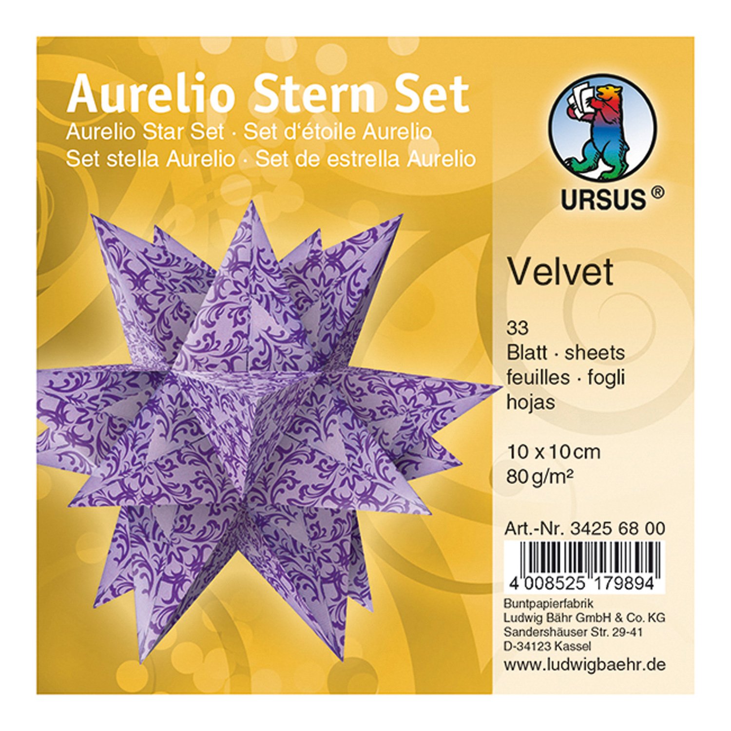 Ursus Aurelio 34256800 Folding Sheets Star Velvet Purple/Pink 33 Sheets 80 g/m² Paper Approx. 10 x 10 cm Printed on Both Sides Ideal as Christmas Decoration