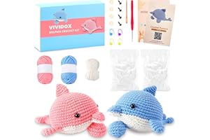 VIVIDOX 2 Pack Dolphin Crochet Kit for Beginners Adults Kids with Easy Yarn 4.3in Tall Animal Crocheting Starter Set with Step-by-Step Video Tutorials, DIY Knitting Kit with Complete Tools (Blue+Pink)