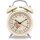 Slash 4" Vintage Retro Old Fashioned Quiet Non-ticking Sweep Second Hand, Quartz Analog Twin Bell Clock, Battery Operated, Loud Alarm, Nightlight Function (Beige Case - Roses)