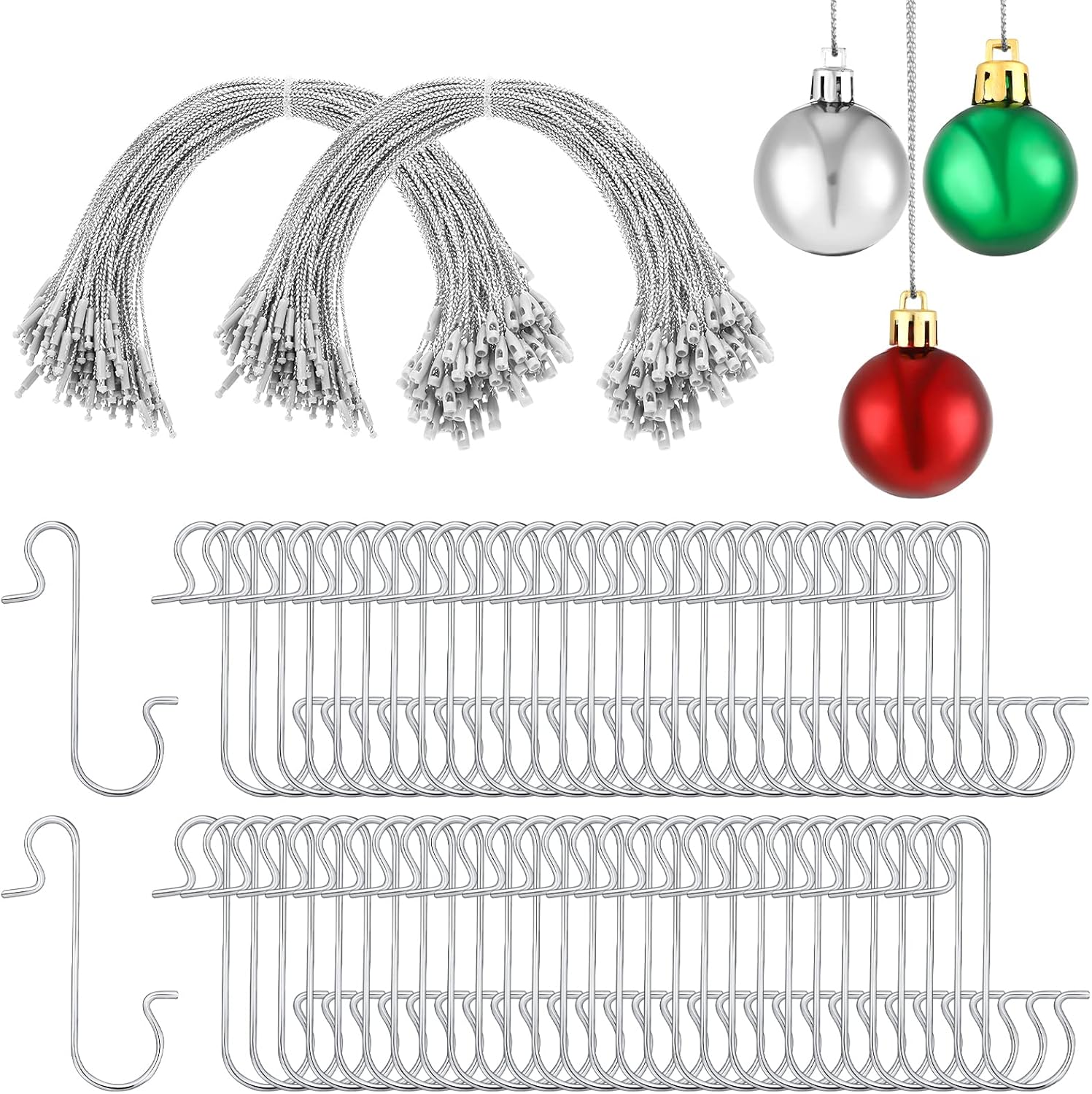 Ornament Hooks - Cunno 400 Pieces Christmas Ornament Hooks Sets, Include 200 Pieces Metal Wire Hooks S Shaped Hangers and 200 Pieces Ornament Hangers with Lock Ropes for Christmas Tree Decorations (Silver)