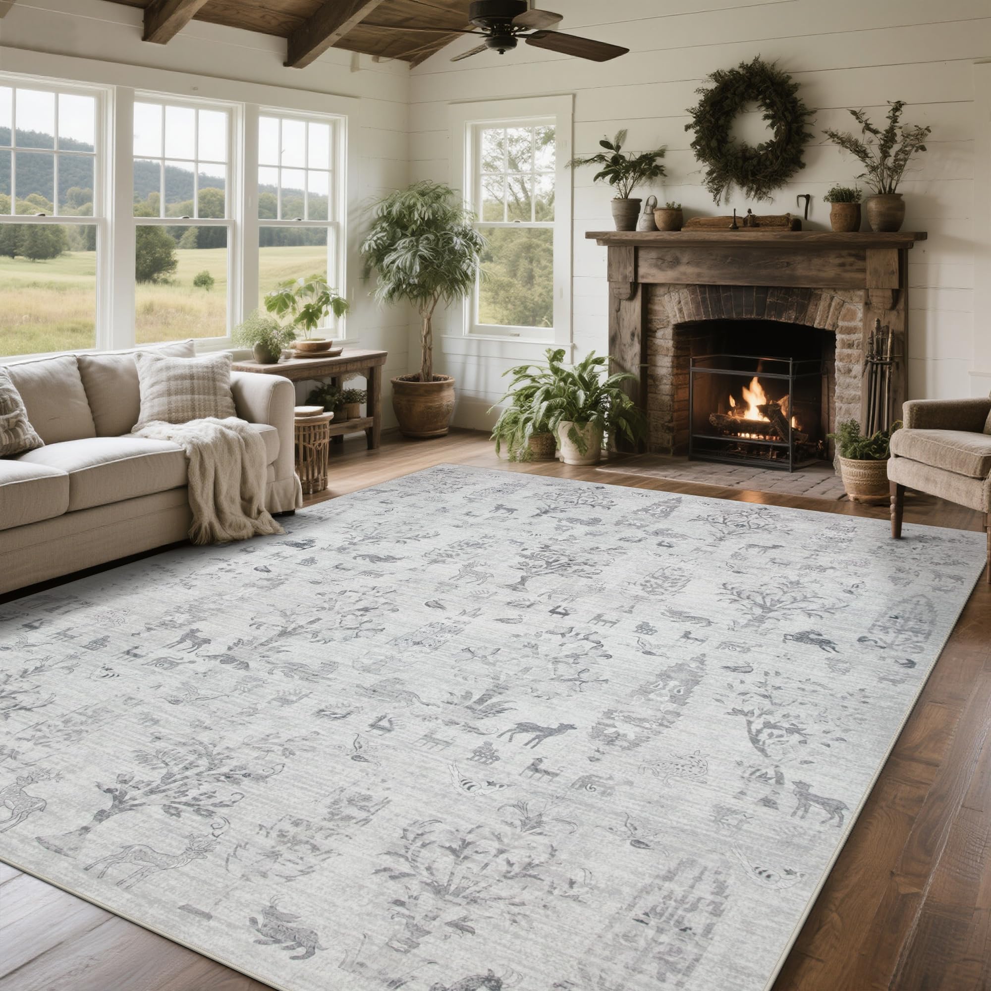 Srugn Washable Rugs 8x10 Area Rugs for Living Room,Bedroom,Dining Room- Large Ultra Soft Faux Wool Retro Carpet,Non Slip&Non-Shedding Low Pile Vintage Rug for Home Office Dorm Playroom-Tree Gray Image