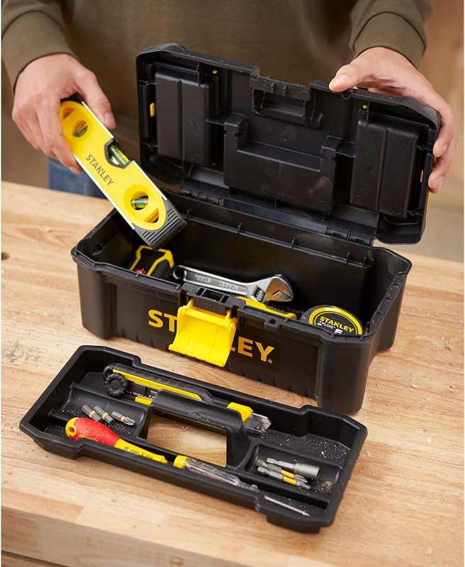 Caja de herramientas de plástico con cierre de plástico, 32 x 18,8 x 13,2 cm, asa ergonómica, organizadores en la tapa, bandeja interior extraíble, orificio para candado, STST1-75514